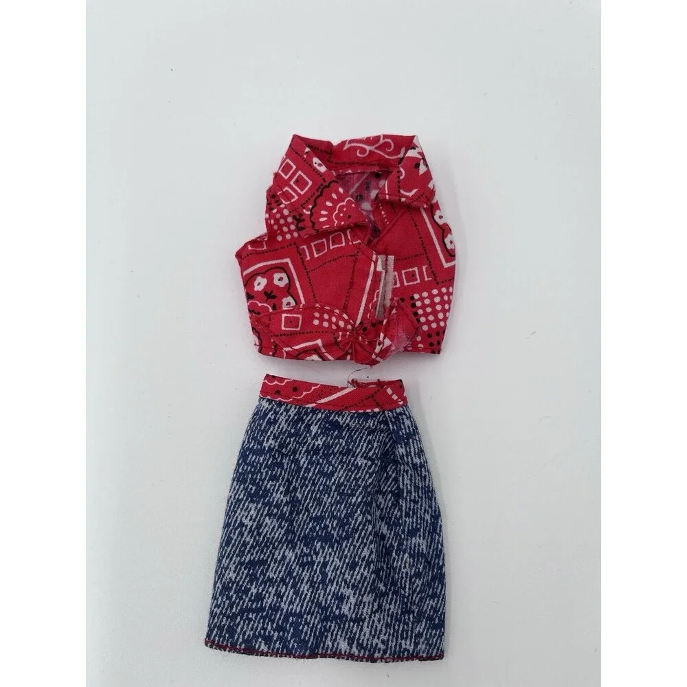 1995 Barbie Clothes Fashion Red Paisley Bandana Western Shirt Denim Skirt